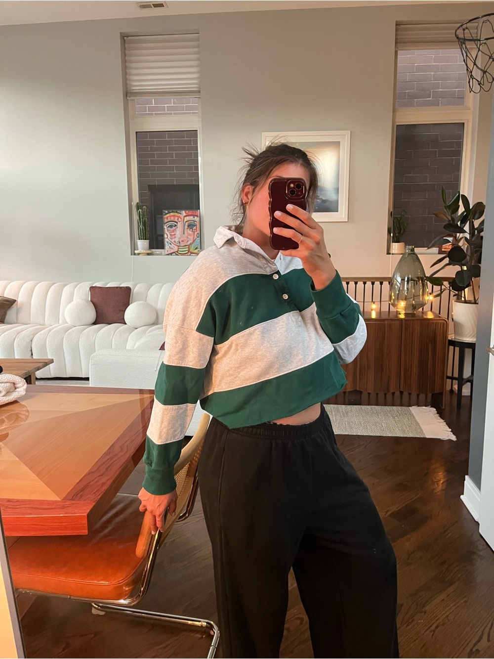 Abercrombie & Fitch Green and White Cropped Rugby Polo